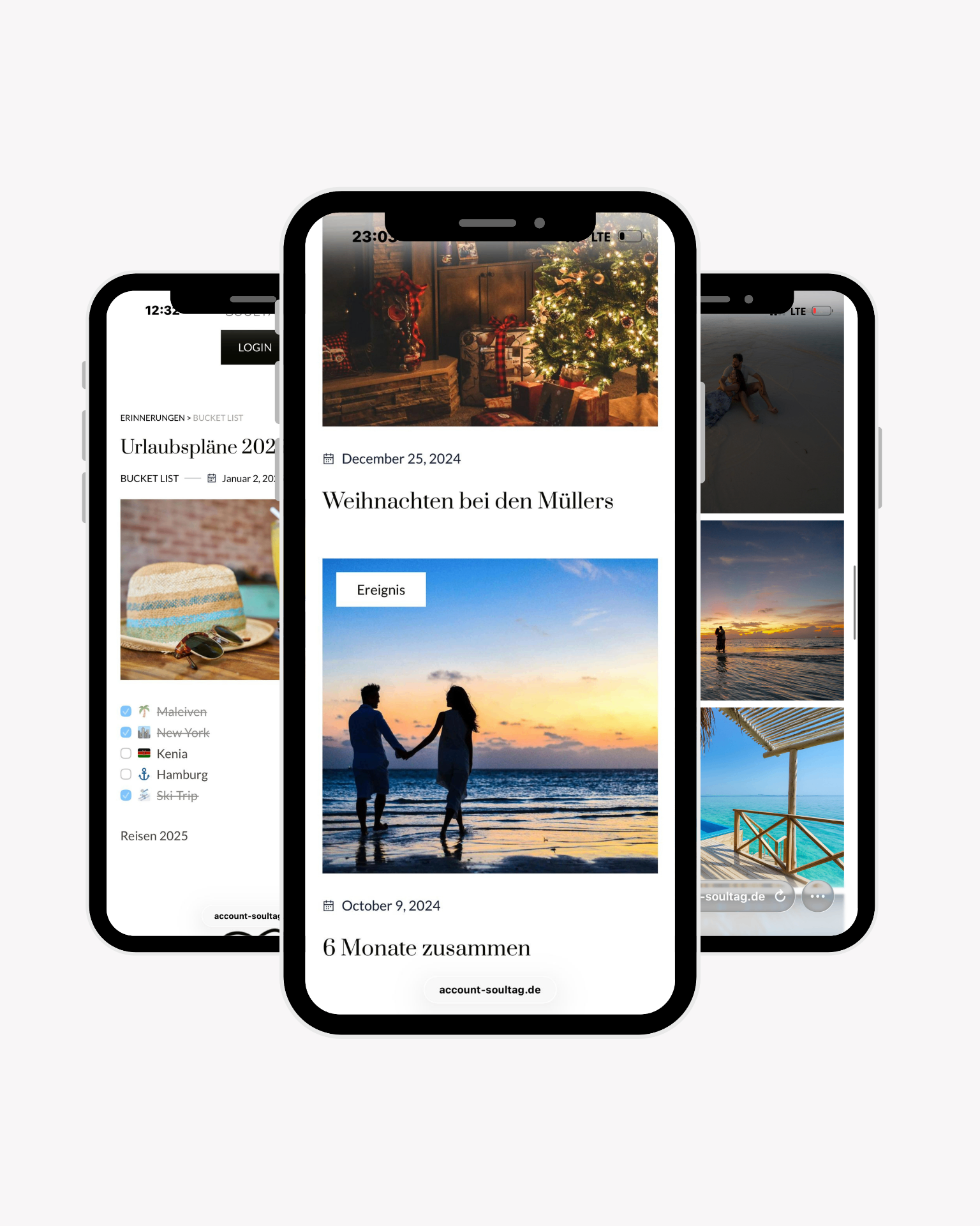 Drei Smartphones mit verschiedenen Ansichten der Soultag Erinnerungsseite